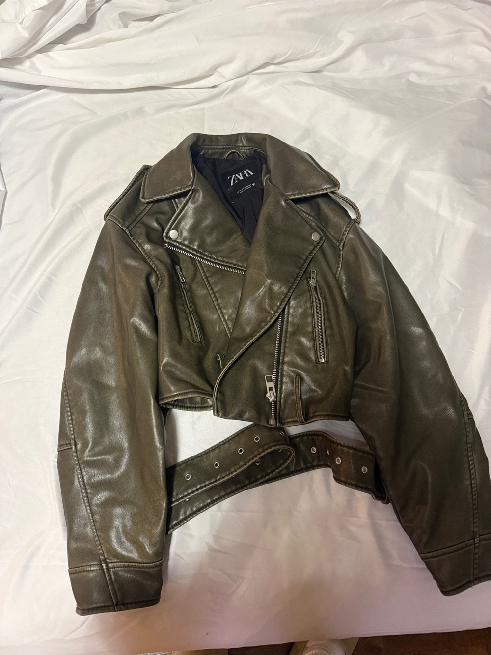 Zara Dark Olive Faux Leather Cropped Moto Jacket